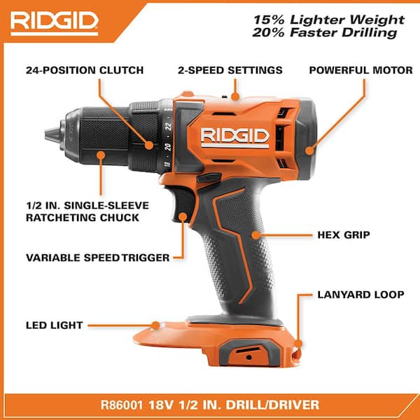 RIDGID 1005934268 18V Cordless 2-Tool Combo Kit with 1/2 in. Drill/Driver, 1/4 in. Impact Driver, (2) 2.0 Ah Batteries, Charger, and Bag - 3