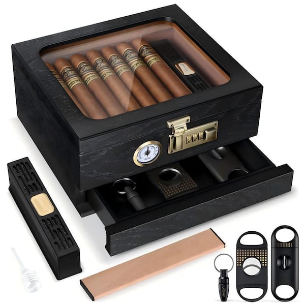 Cedar Wood Humidor Cigar Box with Front Hygrometer and Lock, Glass Top Desktop Humidor for Men, Black