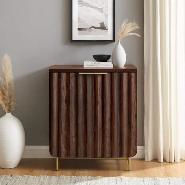 Walker Edison Furniture Company Dark Walnut/Gold Wood and Metal Reeded Accent Cabinet with 2 Doors