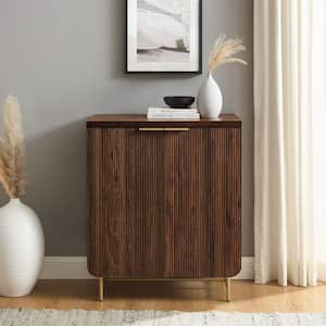 Dark Walnut/Gold Wood and Metal Reeded Accent Cabinet with 2 Doors