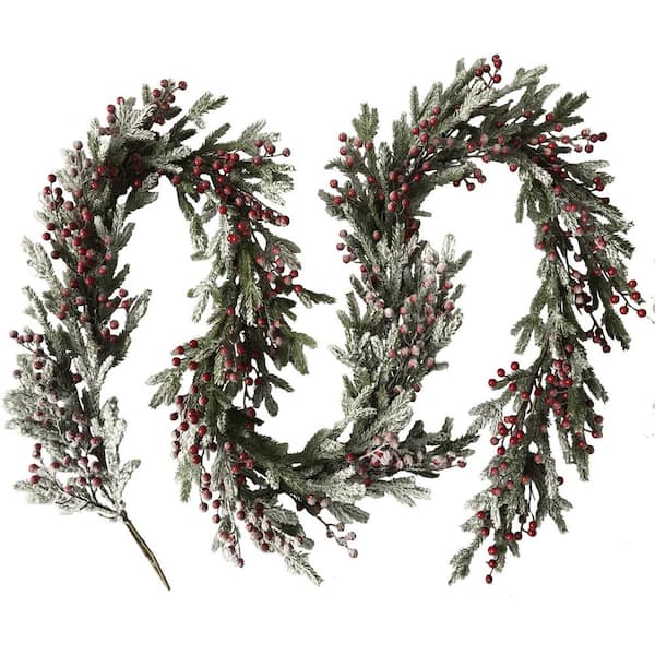 Fraser Hill Farm 9 ft. Artificial Snow Covered Christmas Garland with Berries in Green