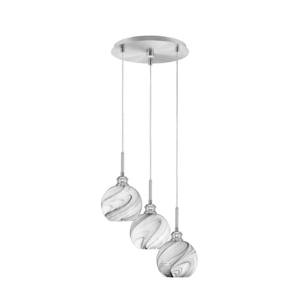 Unbranded Albany 60-Watt 13 in. 3-Light Brushed Nickel Cord Pendant Light Onyx Swirl Glass Shade