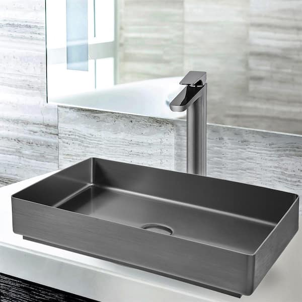 AKDY Brushed Graphite Black Stainless Steel Rectangular Bathroom Vessel Sink with High Arc Faucet