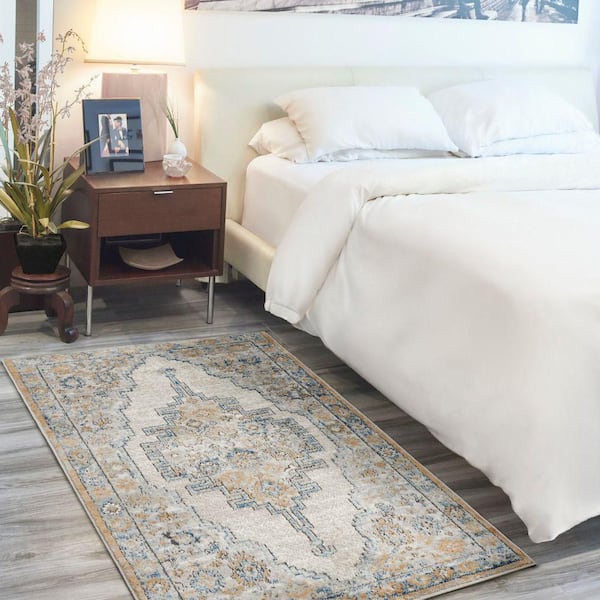 Concerto Grey/Light Blue 3 ft. x 5 ft. Bordered Traditional Kitchen Area Rug