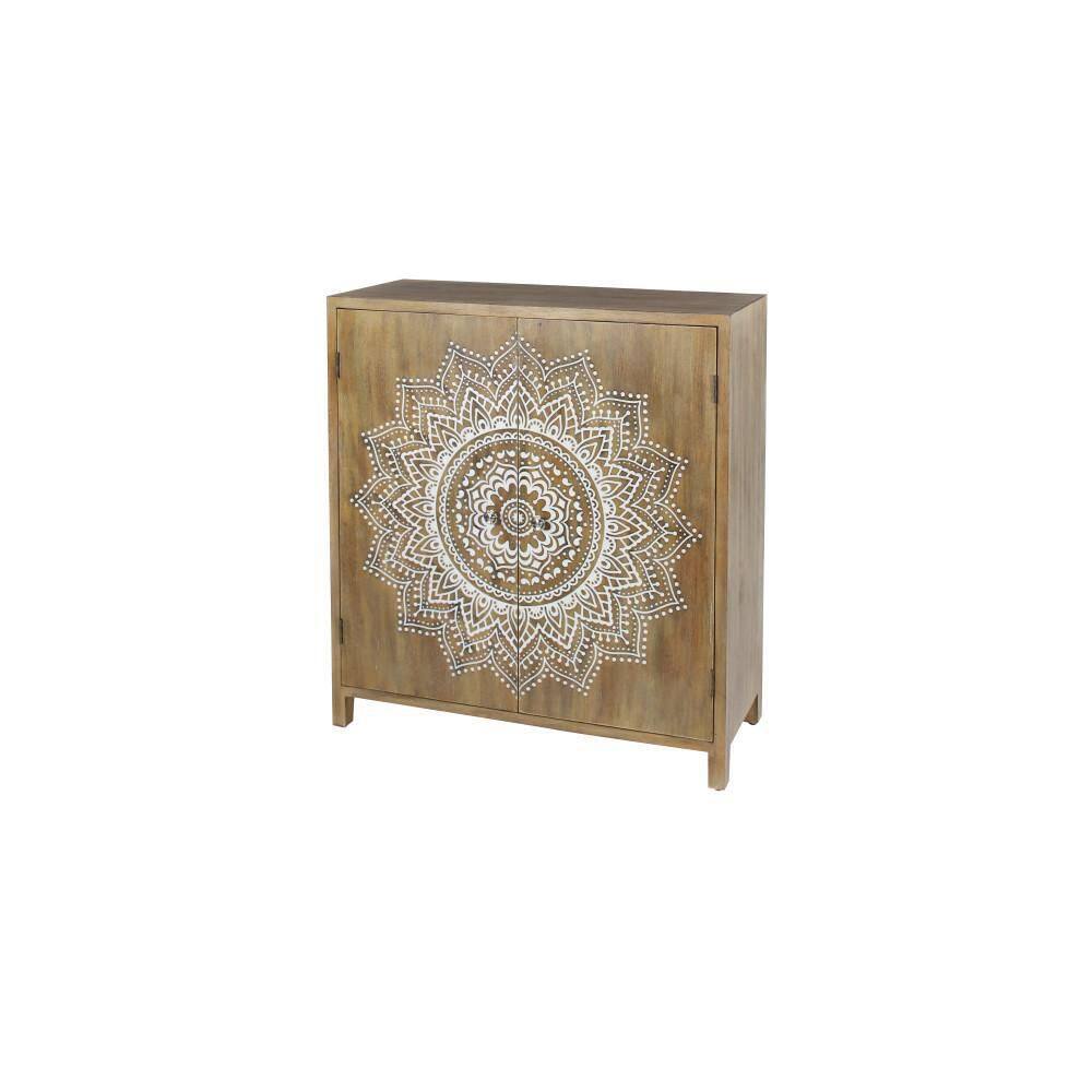 Brown Wood Intricately Carved Floral Cabinet with Shelf and Doors