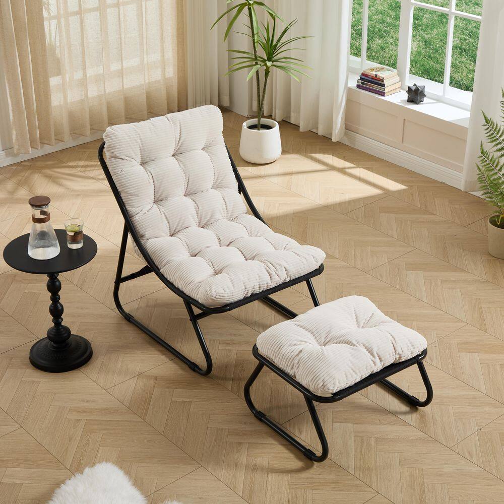 White Corduroy Recliner with Ottoman and Puffy Cushion