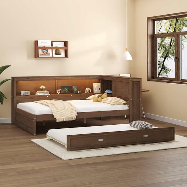 Wood Full Daybed with Storage Shelves, USB, LED, and Trundle
