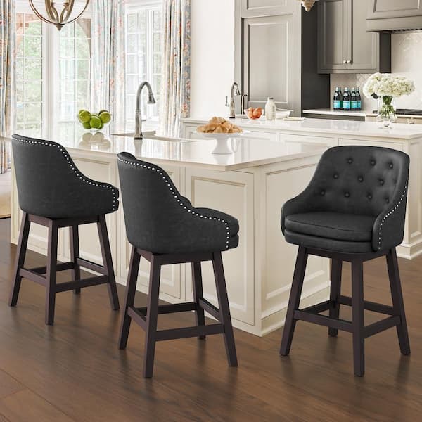 cozyman 26 in. Black Faux Leather Swivel Barstool Solid Wood Frame Double Cushion Counter Height Bar Stool Set of 3
