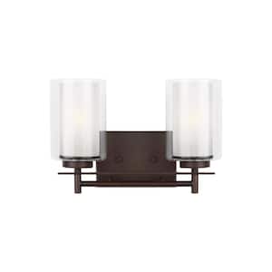 Elmwood Park 13.25 in. 2-Light Bronze Modern Transitional Bathroom Vanity Light with Satin Etched Glass Shades