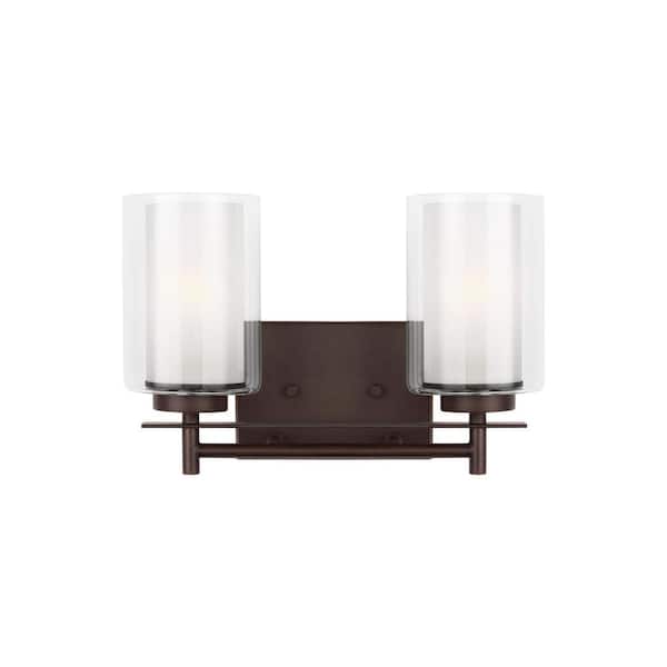 Generation Lighting Elmwood Park 13.25 in. 2-Light Bronze Modern Transitional Bathroom Vanity Light with Satin Etched Glass Shades