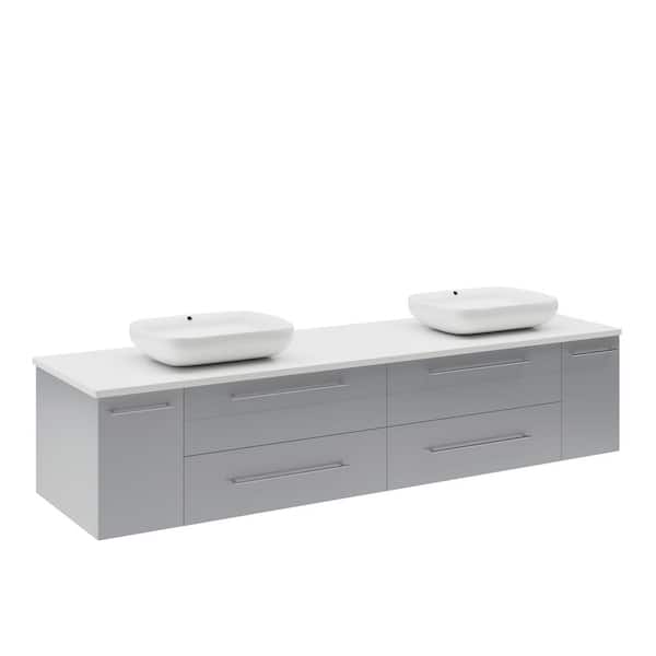 Fresca Lucera 72 in. Double Sink Wall Mount Floating Gray Bath Vanity with White Quartz Top and Vessel Ceramic Sinks