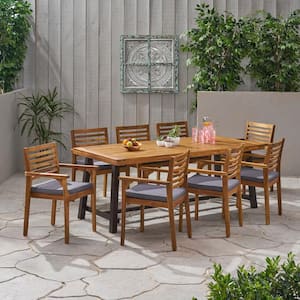 Atlantic 30 in. Teak Brown 9-Piece Wood Rectangular Outdoor Dining Set with Dark Grey Cushions