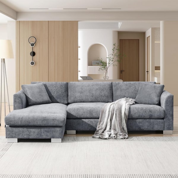 96 in. L Shaped Chenille Modern Cloud Sectional Sofa in Gray with 2-Pillows, Silver Aluminum Feet