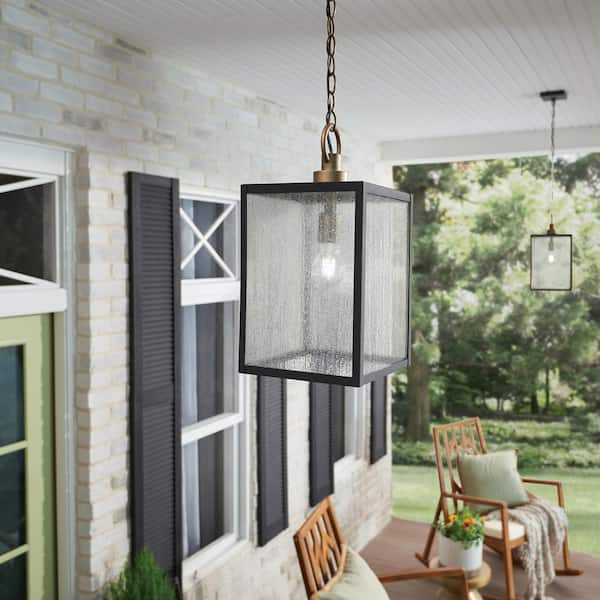 Lahden 1-Light Weathered Zinc Farmhouse Shaded Kitchen Pendant Hanging Light with Clear Seeded Glass