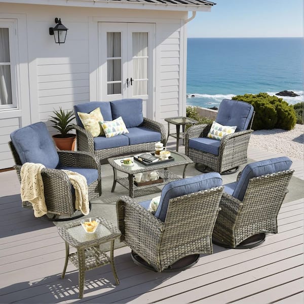 Caodoc Noah Gray 8-Piece Wicker Swivel Outdoor Patio Lounge Conversation Sofa Set with Coffee Table and Denim Blue Cushions