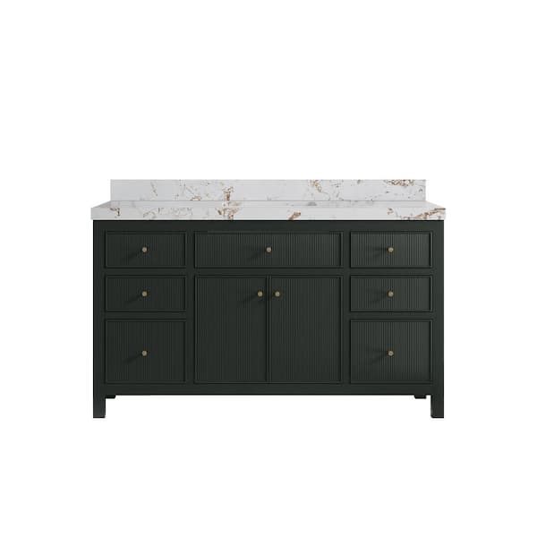 Willow Collections Sonoma 60 in. Single Sink Freestanding Dark Green Bath Vanity with Viola Gold Quartz Top Unassembled