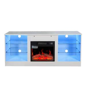 57.8 in. White Modern Electric Fireplace TV Stand with 18 in. Heater and Adjustable Glass Shelves for TVs up to 62 in.