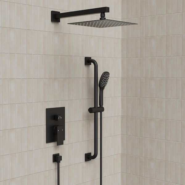 10 in. Wall Mount 2-Spray Dual Fixed and Handheld Shower Head with Slide Bar in Matte Black Valve Included
