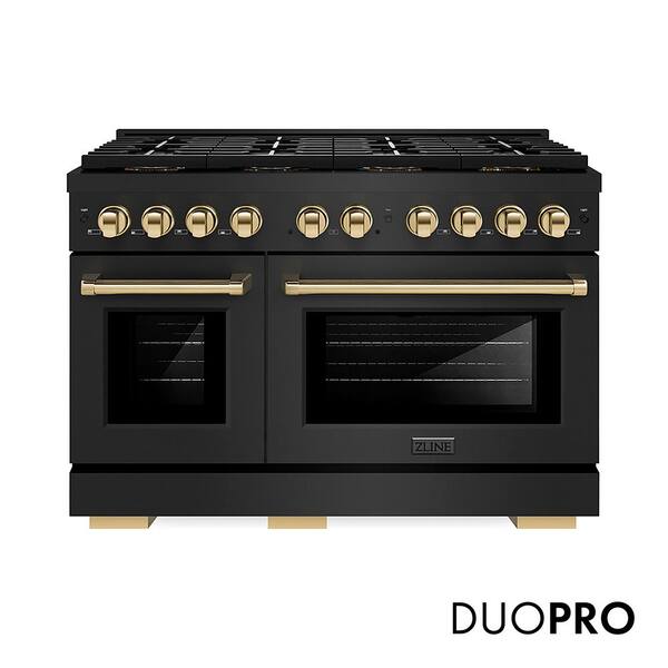 Autograph 48 in. 6.7 cu. ft. Paramount Gas Range with 8-Burners and Dual Ovens in Black Stainless and Polished Gold