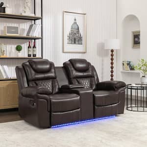 Brown 73.2 in. PU Home Theater Seating Manual Recliner Loveseat with Hide-Away Storage, Cup Holders and LED Light Strip