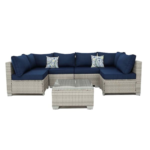 Zeus & Ruta 7-Piece Wicker Outdoor Sectional Sofa, Gray White Patio Conversation Set with Coffee Table and Dark blue Cushions