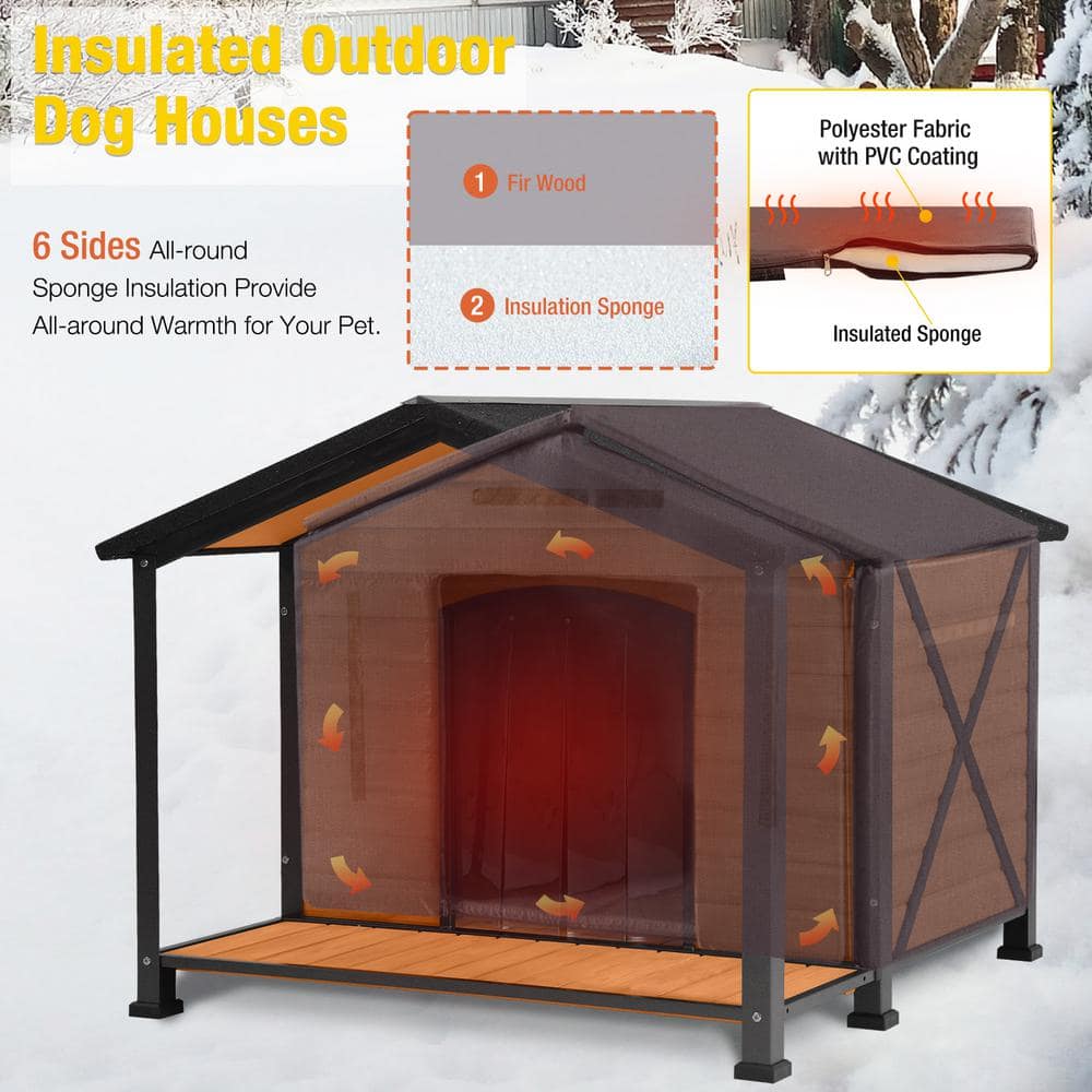 X-Large Brown Insulated Wood Dog House with Pitched Roof