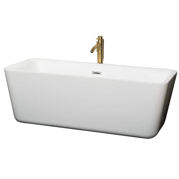 Wyndham Collection Emily 68.88 in. Acrylic Flatbottom Bathtub in White with Polished Chrome Trim and Brushed Gold Faucet