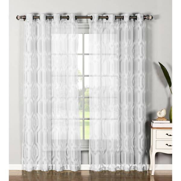 Window Elements White Geometric Grommet Sheer Curtain - 54 in. W x 84 in. L  (Set of 2)