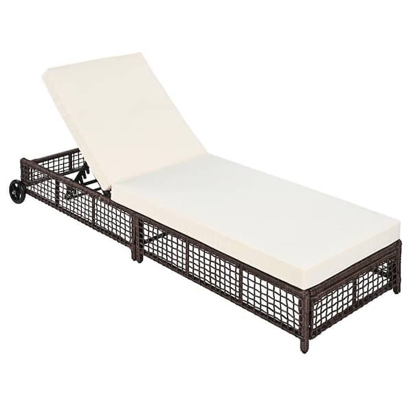 Brown Metal Outdoor Patio Lounge Chair with Beige Cushion and Wheels, 5-Position Backrest for Poolside, Backyard, Garden