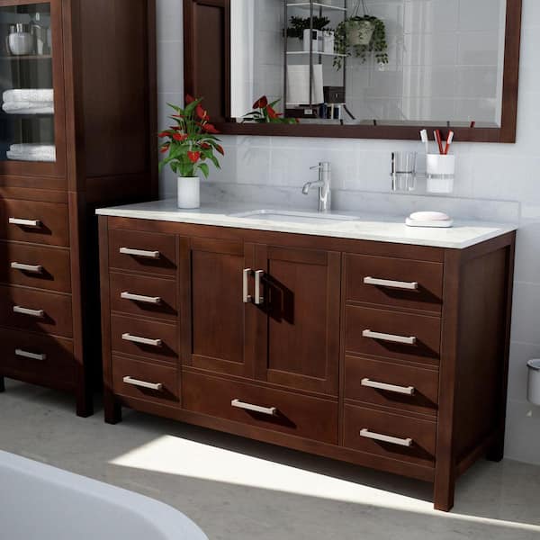 Wyndham Collection Sheffield 60-in Espresso Double Sink Bathroom Vanity with White Carrara Marble Natural Marble Top (Mirror Included)