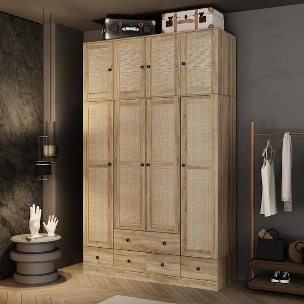 Brown Wood Grain 59 in. W Rattan Doors Wardrobe with 5-Drawers, 2-Hanging Rods, Top Cabinet (94.5 in. H x 18.8 in. D)