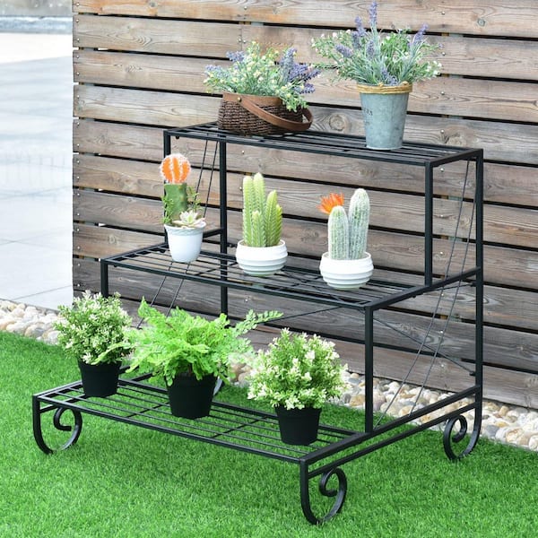 29 in. L x 26 in. W x 28 in. H Shelves Indoor/Outdoor Black Steel Plant Stand (3-Tier)