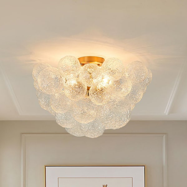 20.87 In 3-Light Brushed Gold Modern Bubble Semi-Flush Mount Ceiling Light Fixture with Clear Ribbed Blown Glass Shade