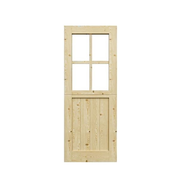 30 in. x 80 in. Solid Pine Universal 4-Lite Clear Glass and 2-Panel Unfinished Dutch Door Design Wood Front Door Slab