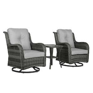 2-Piece Patio Swivel Wicker Outdoor Rocking Chairs with Light Gray Cushion and Side Table Sets for Porch Deck (Set of 2)
