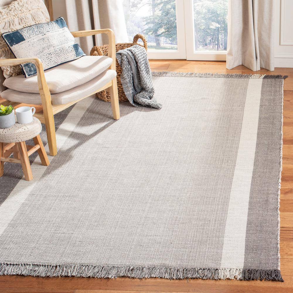 Ivory and Grey Handwoven Cotton Stripe Area Rug, 3' x 5'