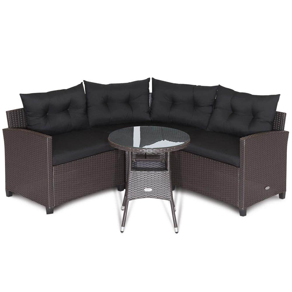 4-Piece PE Rattan Wicker Outdoor Furniture Sectional Set with Glass Table a
