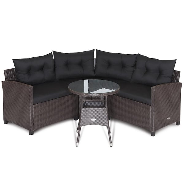 ANGELES HOME 4-Piece PE Rattan Wicker Outdoor Furniture Sectional Set with Glass Table and Black Cushions