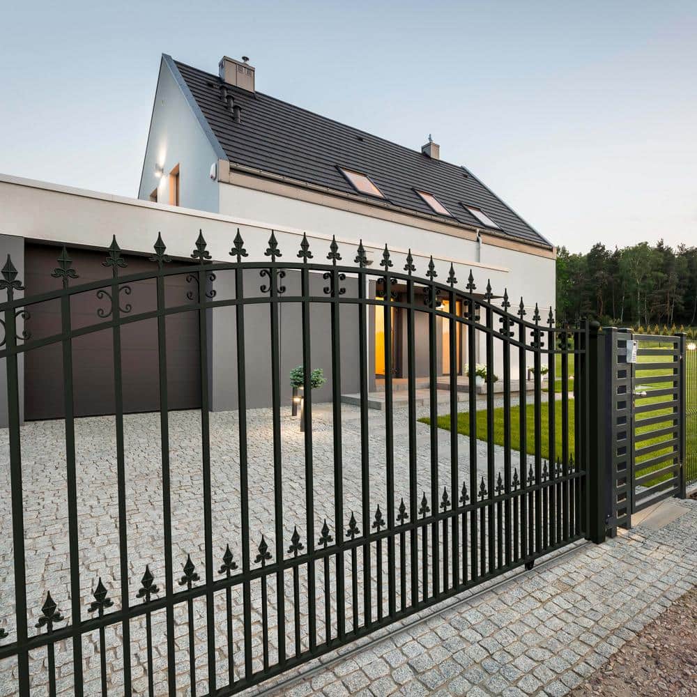 Black Steel Arched Sliding Driveway Gate with Pointed Pickets