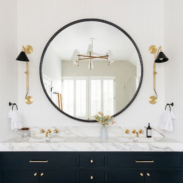 Elevatehome 32 in. W x 32 in. H Modern Unique Round Metal Framed Wall Bathroom Vanity Mirror in Antique Black