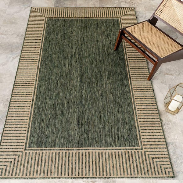 5 ft. x 8 ft. Green  Striped Border Flatweave Outdoor Area Rug