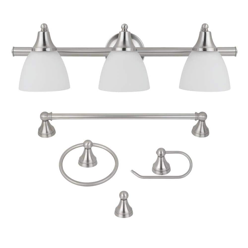 Globe Electric Estorial 3 Light Brushed Nickel Vanity Light With Frosted Glass Shades And Bath Set 4 Piece 50700 The Home Depot