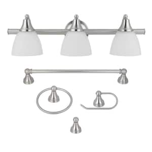 Estorial 3-Light Brushed Nickel Vanity Light with Frosted Glass Shades and Bath Set (5-Piece)
