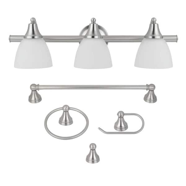 Globe Electric Estorial 3-Light Brushed Nickel Vanity Light with Frosted Glass Shades and Bath Set (4-Piece)