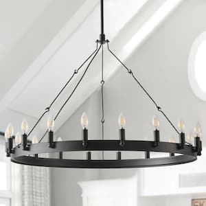 39.37 in. 18-Light Black Farmhouse Wagon Wheel Chandelier Rustic Industrial Candle Hanging Ceiling Light