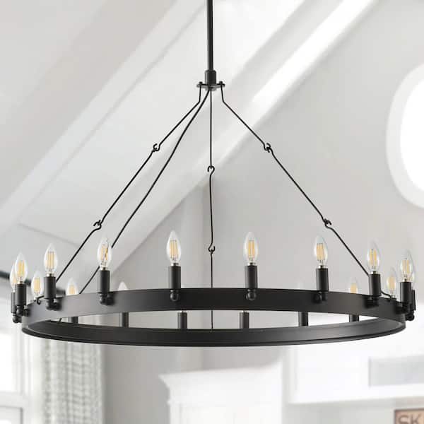 aiwen 39.37 in. 18-Light Black Farmhouse Wagon Wheel Chandelier Rustic Industrial Candle Hanging Ceiling Light