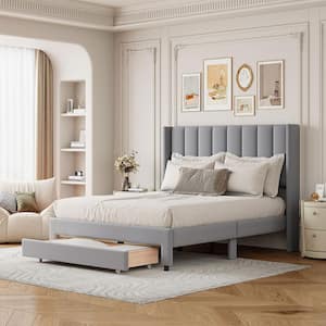 Gray Wood Frame Velvet Upholstered Full Size Platform Bed with a Big Drawer