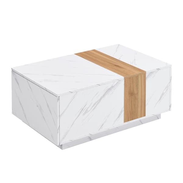 Zeus & Ruta White Rectangular Outdoor Coffee Table, Indoor Center Table with 2 Storage Drawers for Living Room