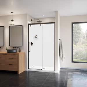 Uptown 44-47 in. W x 76 in. H Frameless Sliding Shower Door for Alcove w/ Clear Glass in Dark Bronze and Beige Marble