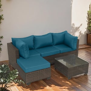 Patio Furniture Sets 5-Piece Outdoor Sectional Sofa with Wicker Rattan Couch Peacock Blue Cushions Tempered Glass Table